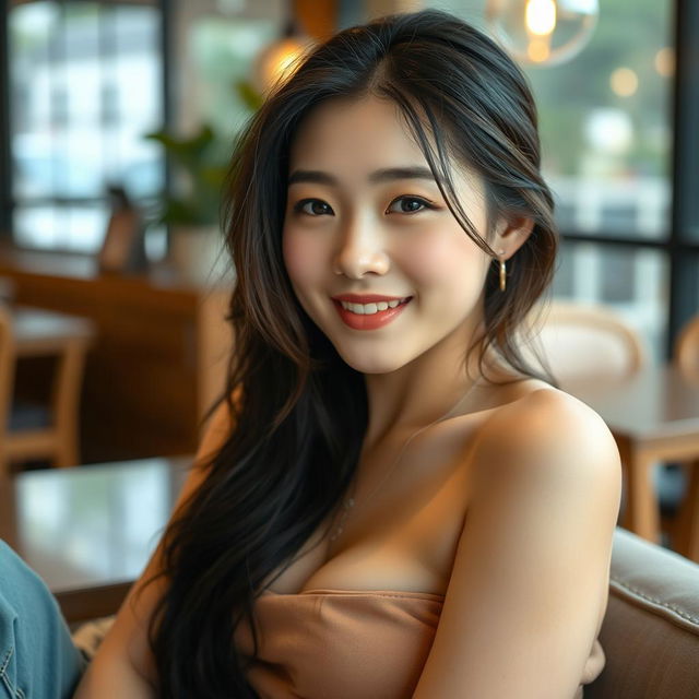 A beautiful Korean woman with large breasts, exuding a seductive yet relaxed vibe