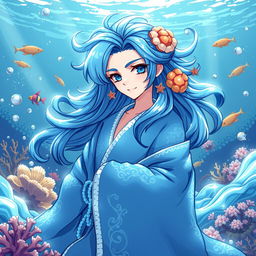 A stunning pixel art representation of a water god, designed in anime style