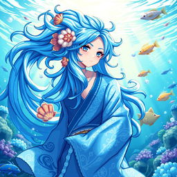 A stunning pixel art representation of a water god, designed in anime style