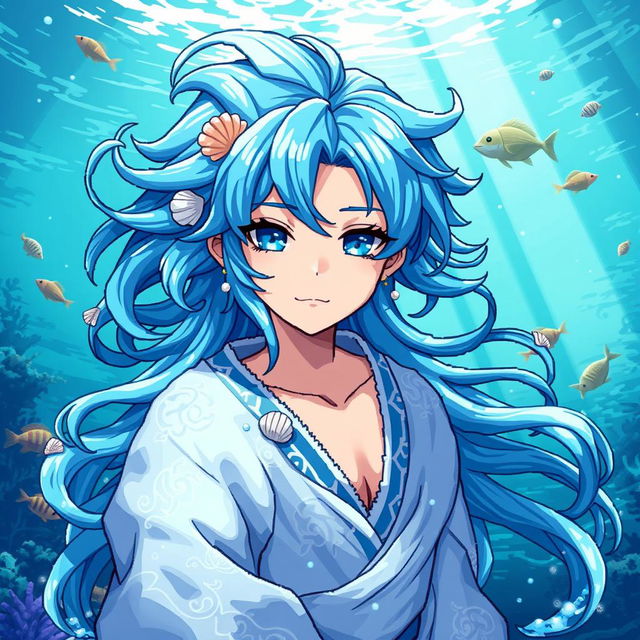 A stunning pixel art representation of a water god, designed in anime style