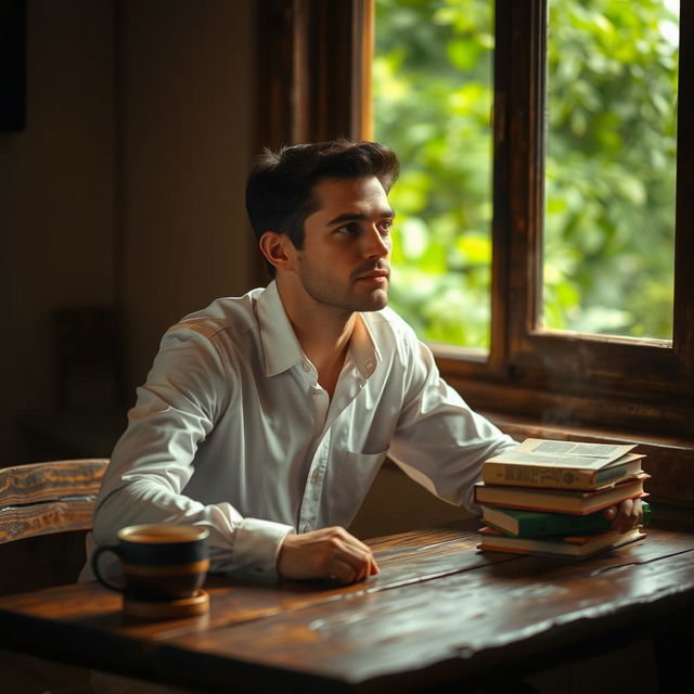 A portrait of a man sitting at a rustic wooden table, gazing thoughtfully into the distance