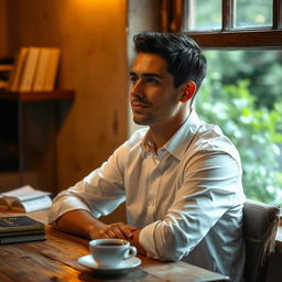A portrait of a man sitting at a rustic wooden table, gazing thoughtfully into the distance