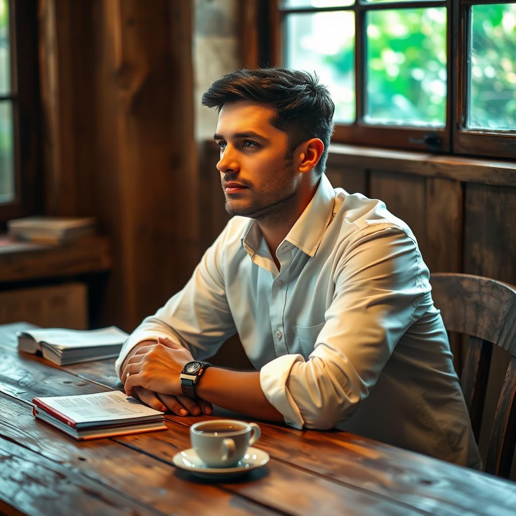 A portrait of a man sitting at a rustic wooden table, gazing thoughtfully into the distance