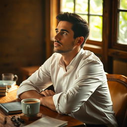 A portrait of a man sitting at a rustic wooden table, gazing thoughtfully into the distance
