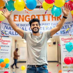 A joyful young man named Albalbouli celebrating his success after passing an important education exam