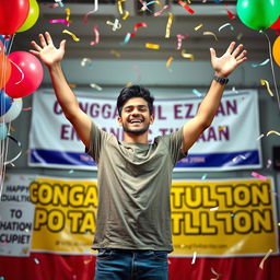 A joyful young man named Albalbouli celebrating his success after passing an important education exam