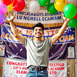 A joyful young man named Albalbouli celebrating his success after passing an important education exam