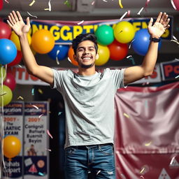 A joyful young man named Albalbouli celebrating his success after passing an important education exam
