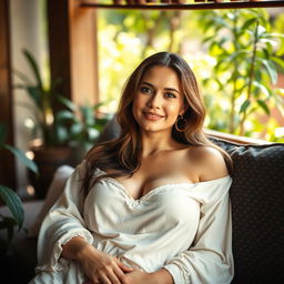 A beautiful Afghan woman with large breasts, exuding a charming and relaxed vibe