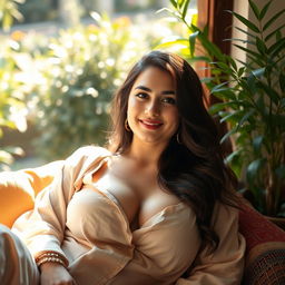 A beautiful Afghan woman with large breasts, exuding a charming and relaxed vibe