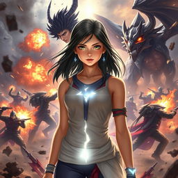 An 18-year-old female character radiating light, standing with a determined expression in the midst of a chaotic battlefield, filled with futuristic soldiers and fantastical creatures colliding