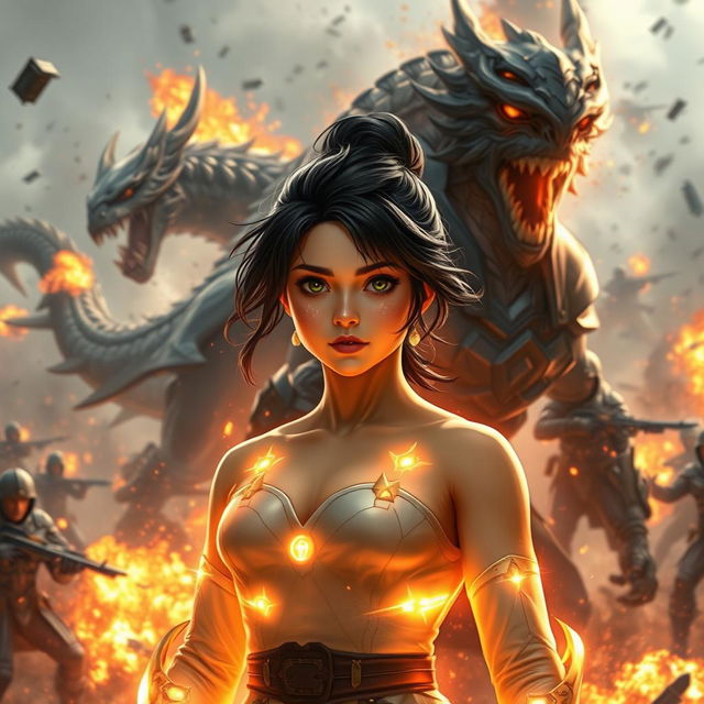 An 18-year-old female character radiating light, standing with a determined expression in the midst of a chaotic battlefield, filled with futuristic soldiers and fantastical creatures colliding