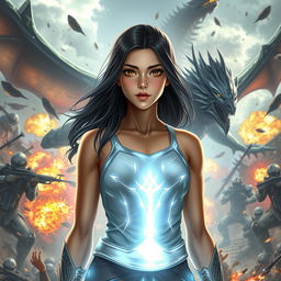 An 18-year-old female character radiating light, standing with a determined expression in the midst of a chaotic battlefield, filled with futuristic soldiers and fantastical creatures colliding