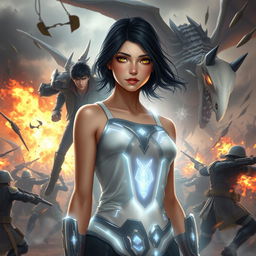 An 18-year-old female character radiating light, standing with a determined expression in the midst of a chaotic battlefield, filled with futuristic soldiers and fantastical creatures colliding