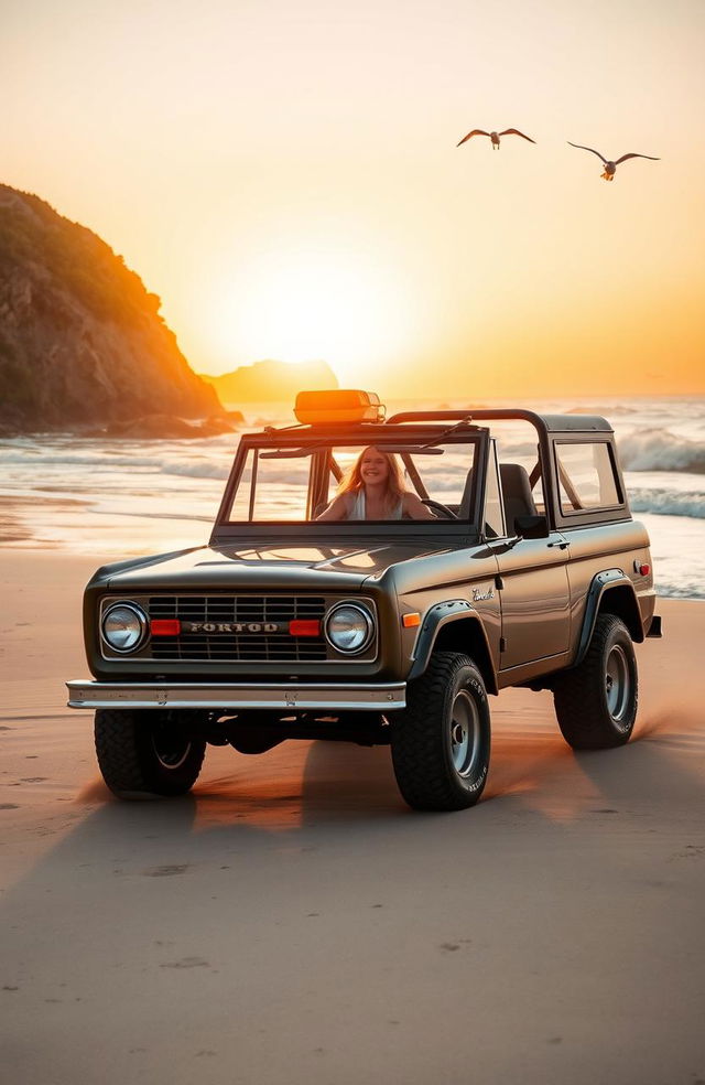 A blonde girl driving a classic Ford Bronco along a picturesque beach during sunrise