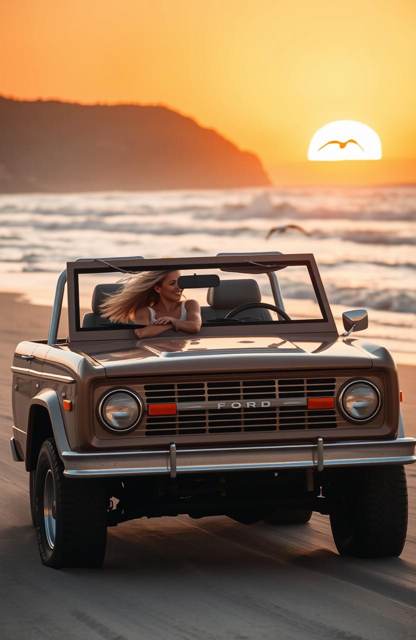 A blonde girl driving a classic Ford Bronco along a picturesque beach during sunrise