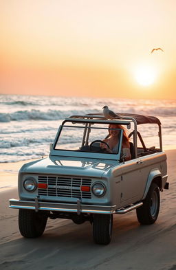 A blonde girl driving a classic Ford Bronco along a picturesque beach during sunrise