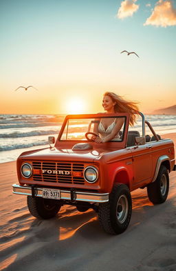 A blonde girl driving a classic Ford Bronco along a picturesque beach during sunrise