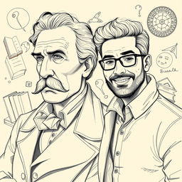 A detailed and thoughtful sketch of the philosopher Friedrich Nietzsche alongside his friend Faisal