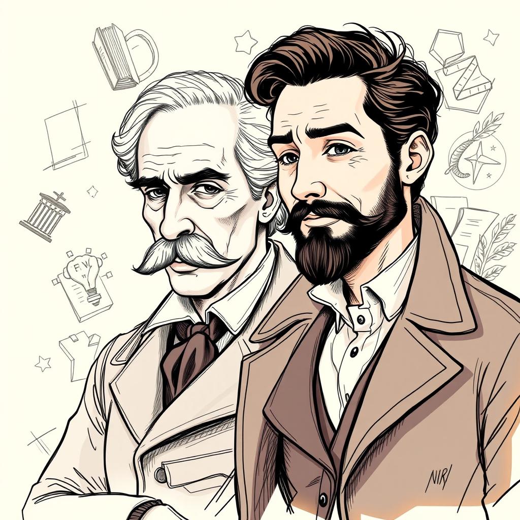 A detailed and thoughtful sketch of the philosopher Friedrich Nietzsche alongside his friend Faisal