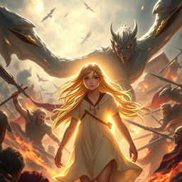 A radiant 18-year-old girl surrounded by a warm, luminous light in the center of an intense battlefield involving humans and fantastical creatures
