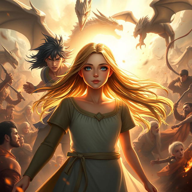 A radiant 18-year-old girl surrounded by a warm, luminous light in the center of an intense battlefield involving humans and fantastical creatures