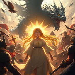 A radiant 18-year-old girl surrounded by a warm, luminous light in the center of an intense battlefield involving humans and fantastical creatures