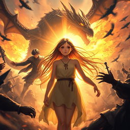 A radiant 18-year-old girl surrounded by a warm, luminous light in the center of an intense battlefield involving humans and fantastical creatures