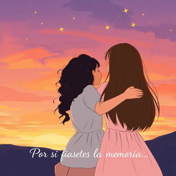 A beautifully illustrated romantic scene showcasing a sunset sky painted with soft brush strokes of orange, pink, and purple