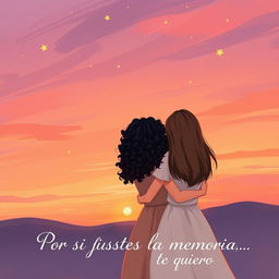 A beautifully illustrated romantic scene showcasing a sunset sky painted with soft brush strokes of orange, pink, and purple