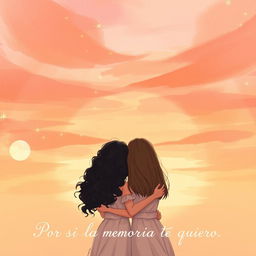 A beautifully illustrated romantic scene showcasing a sunset sky painted with soft brush strokes of orange, pink, and purple