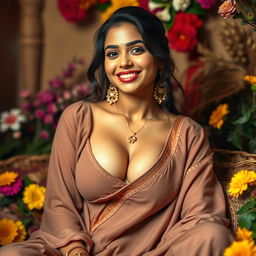 A beautiful Indian woman with large breasts, radiating a seductive yet laid-back charm
