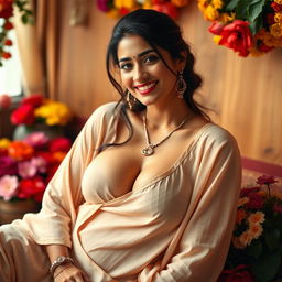 A beautiful Indian woman with large breasts, radiating a seductive yet laid-back charm