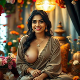 A beautiful Indian woman with large breasts, radiating a seductive yet laid-back charm