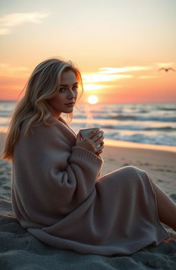 A stunning blonde girl sitting on the beach at sunrise, wrapped in a soft, cozy blanket, sipping from a steaming cup of coffee