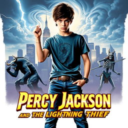 A retro-style poster for 'Percy Jackson and the Lightning Thief', designed with a nostalgic aesthetic that harkens back to classic fantasy film posters of the 1980s