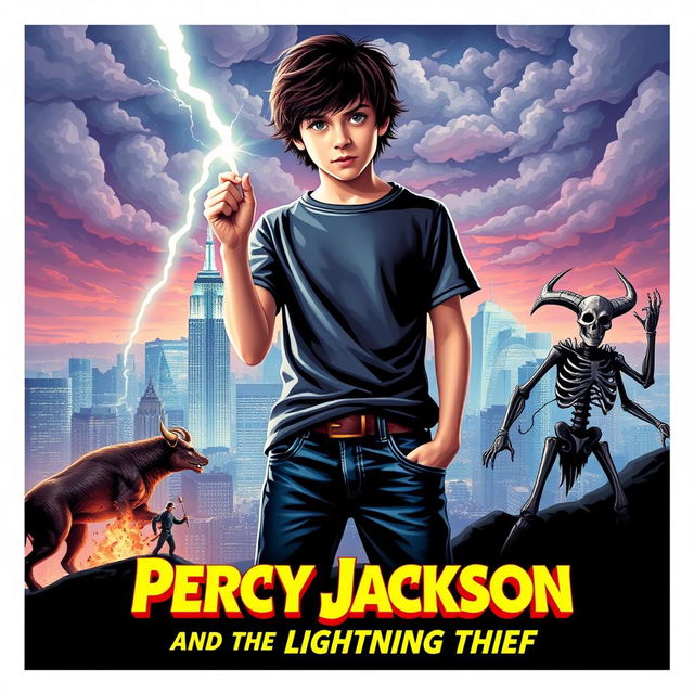 A retro-style poster for 'Percy Jackson and the Lightning Thief', designed with a nostalgic aesthetic that harkens back to classic fantasy film posters of the 1980s