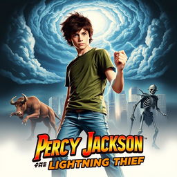 A retro-style poster for 'Percy Jackson and the Lightning Thief', designed with a nostalgic aesthetic that harkens back to classic fantasy film posters of the 1980s