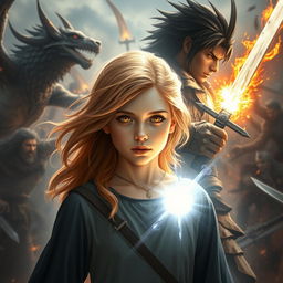 A young 18-year-old girl with striking strawberry blonde hair and radiant gold eyes, emitting a soothing silver light, stands at the center of a battlefield