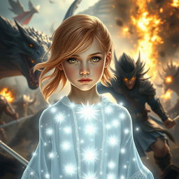 A young 18-year-old girl with striking strawberry blonde hair and radiant gold eyes, emitting a soothing silver light, stands at the center of a battlefield
