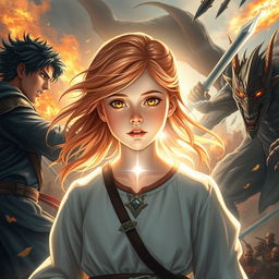 A young 18-year-old girl with striking strawberry blonde hair and radiant gold eyes, emitting a soothing silver light, stands at the center of a battlefield