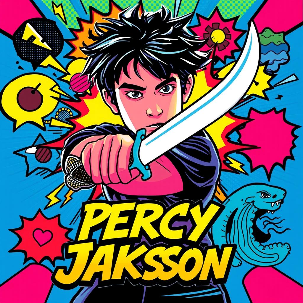 A vibrant pop art style poster for 'Percy Jackson', featuring a bold and colorful illustration of a teenage boy with messy dark hair, depicted in a dynamic pose as he wields a glowing sword