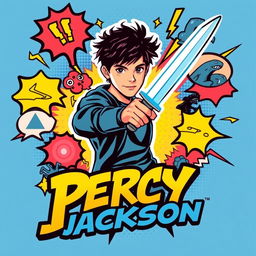 A vibrant pop art style poster for 'Percy Jackson', featuring a bold and colorful illustration of a teenage boy with messy dark hair, depicted in a dynamic pose as he wields a glowing sword
