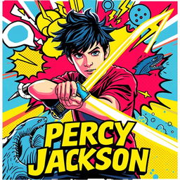 A vibrant pop art style poster for 'Percy Jackson', featuring a bold and colorful illustration of a teenage boy with messy dark hair, depicted in a dynamic pose as he wields a glowing sword