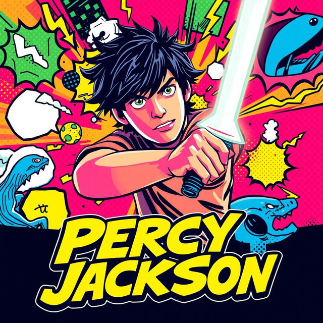 A vibrant pop art style poster for 'Percy Jackson', featuring a bold and colorful illustration of a teenage boy with messy dark hair, depicted in a dynamic pose as he wields a glowing sword