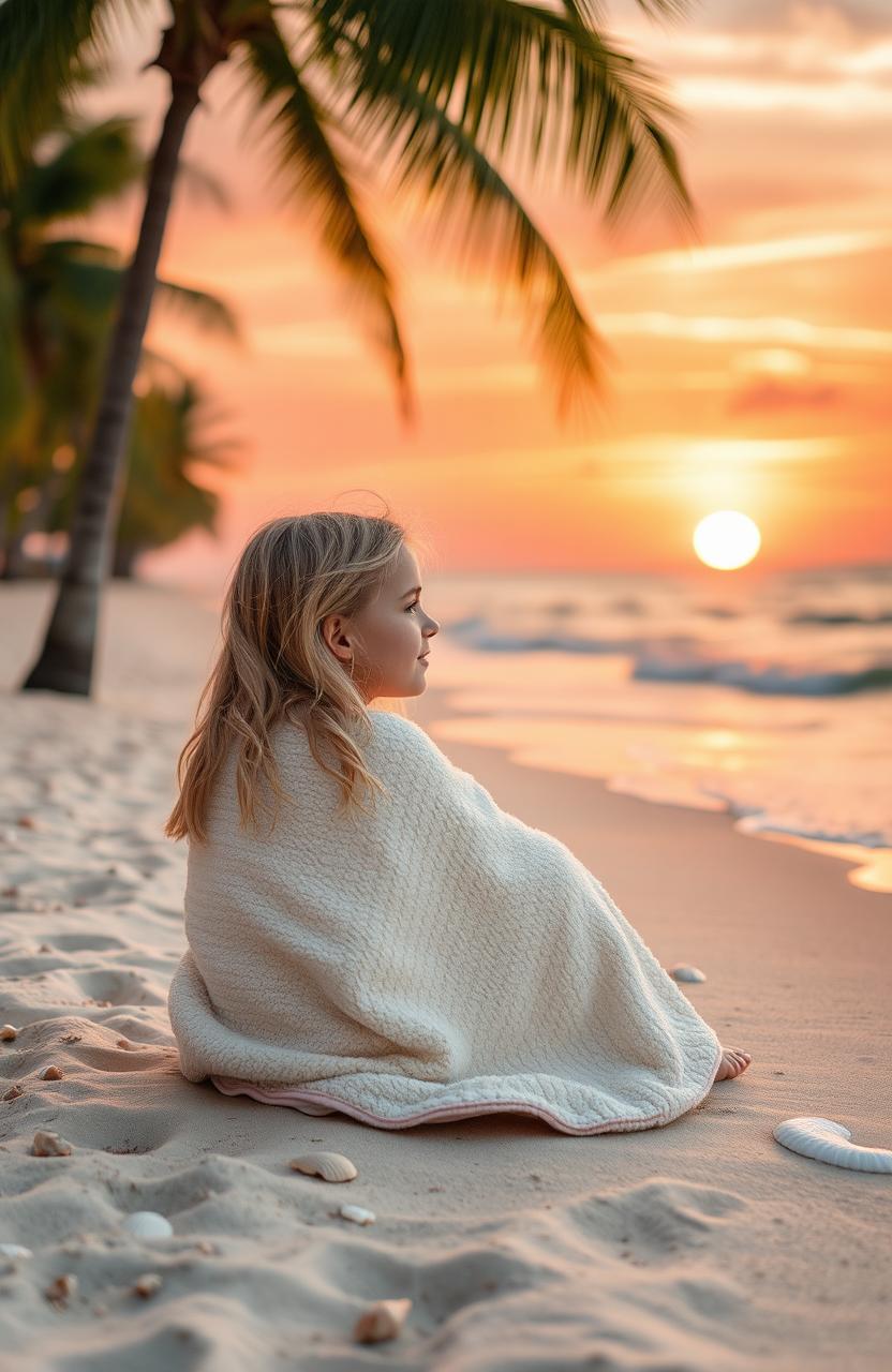 A serene beach scene featuring a blonde girl sitting on the sand, looking out at the sunrise