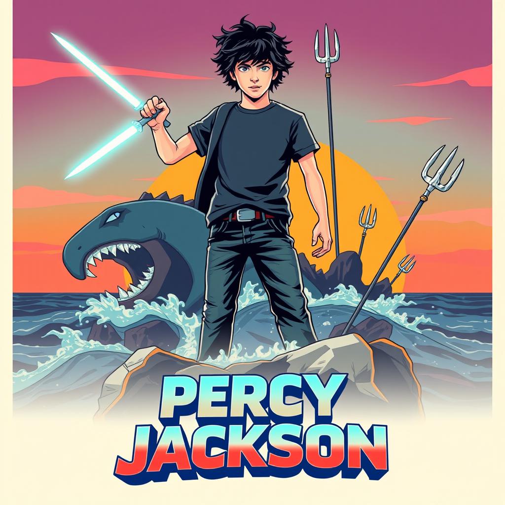 A retro cinematic poster for a movie adaptation of 'Percy Jackson', featuring a nostalgic design reminiscent of 1980s adventure films