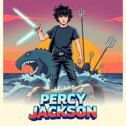 A retro cinematic poster for a movie adaptation of 'Percy Jackson', featuring a nostalgic design reminiscent of 1980s adventure films