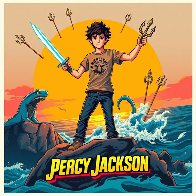 A retro cinematic poster for a movie adaptation of 'Percy Jackson', featuring a nostalgic design reminiscent of 1980s adventure films