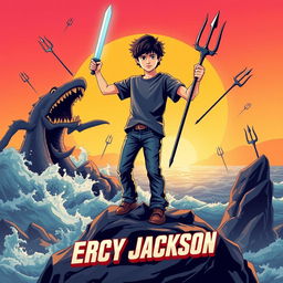 A retro cinematic poster for a movie adaptation of 'Percy Jackson', featuring a nostalgic design reminiscent of 1980s adventure films